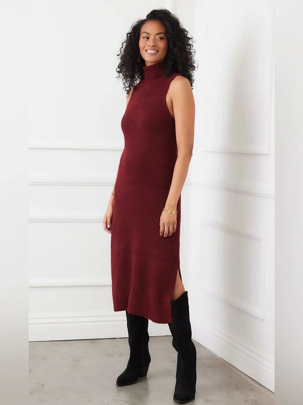 Karen Kane Sleeveless Turtleneck Sweater Midi Dress M Wine Measures for Medium